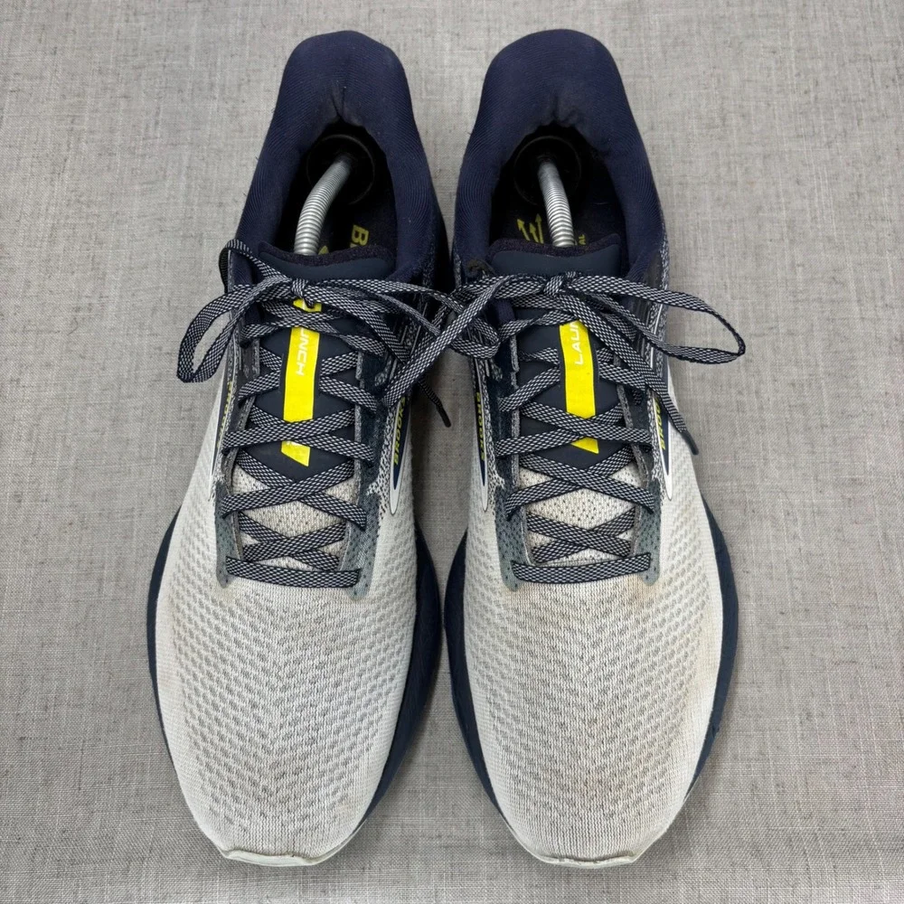 Brooks Launch 10 Shoes Navy Blue White Yellow Mesh Running Sneaker Men's Size 12